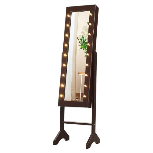 Mirrored Jewelry Cabinet Armoire Organizer with Led Lights - Brown - Lot 592