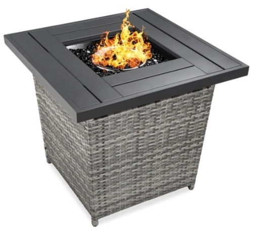 28in Fire Pit Table 50,000 BTU Wicker Propane w/ Faux Wood Tabletop, Cover, Gray - Lot 80