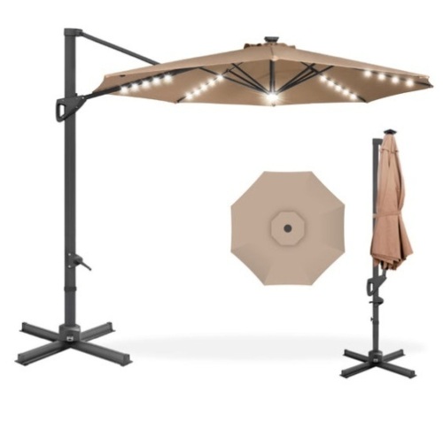 360-Degree Solar LED Cantilever Offset Patio Umbrella w/ Tilt - 10ft, Tan - Lot 97