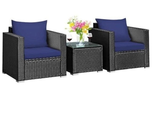 3-Piece Metal Plastic Wicker Patio Conversation Set with Navy Cushions, Appears New, Retail, $657.36 - Lot 11