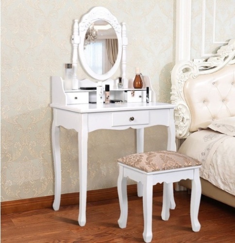 White Vanity Makeup Dressing Table With Rotating Mirror + 3 Drawers, Appears New, Retail $220.73 - Lot 104