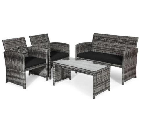 4-Piece Plastic Wicker Patio Conversation Set with Black Cushions, Appears New/Damaged Box, Retail $358.30 - Lot 128