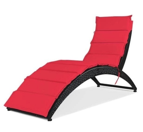 Black Rattan Folding Wicker Outdoor Chaise Lounge Chair with Red Cushion, Appears New - Lot 141