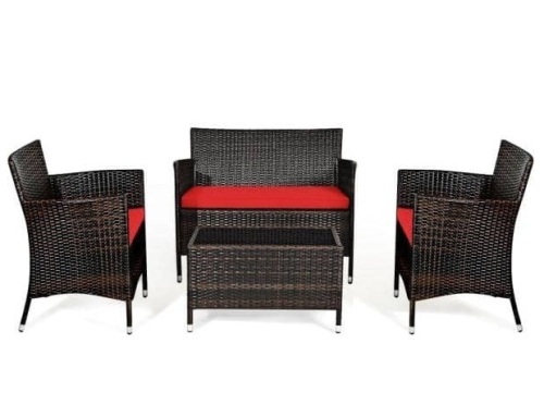 4-Pieces Rattan Patio Furniture Set with Red Cushions, Appears New, Retail $408.00 - Lot 165