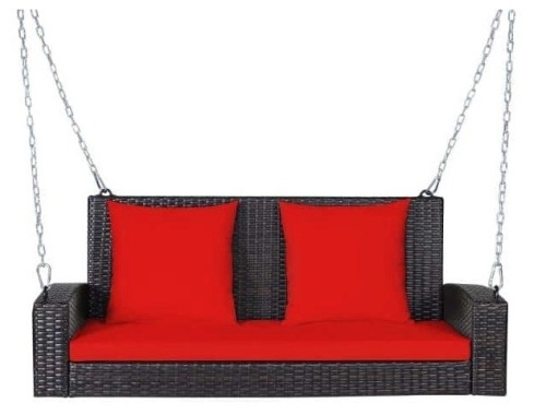 2-Person Patio Rattan Hanging Porch Swing Bench Chair Red Cushion, Appears New, Retail $263.68 - Lot 221