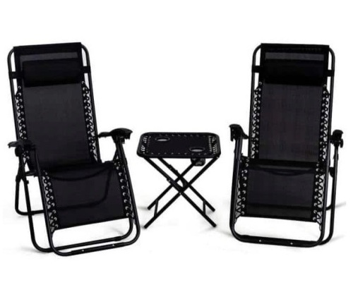 3-Piece Metal Folding Portable Zero Gravity Outdoor Lounge Chair in Black with Side Table, Appears New, Retail $229.41 - Lot 489