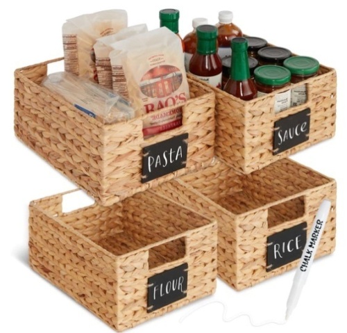 Set of 4 Water Hyacinth Pantry Baskets w/ Chalkboard, Marker - 12in, Appears New - Lot 530