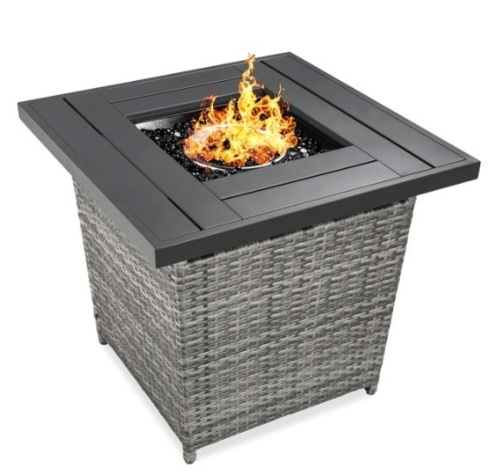 28in Fire Pit Table 50,000 BTU Wicker Propane w/ Faux Wood Tabletop, Cover, Appears New, Retail $269.99 - Lot 27