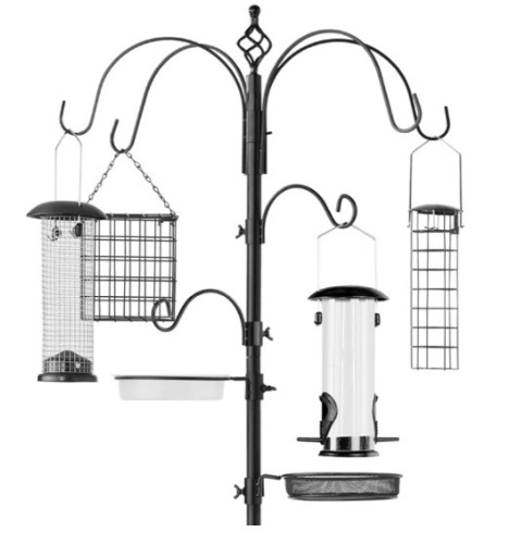 Bird Feeding Station, 6-Hook Steel Multi-Feeder Stand w/ 4 Feeders - 89in, Appears New - Lot 143