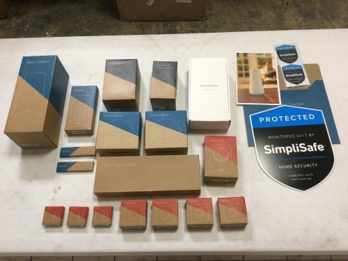 SimpliSafe Security System. Includes: Base Station, Keypad, SimpliCam, Video Doorbell, Smart Door Lock, (2) Smoke Detectors, (2) Ket Fobs, Extra Siren, (3) Entry Sensors, (2) Glass Break Sensors, (2) Motion Sensors, and Yard Sign with Stake. Items are i - Lot 32