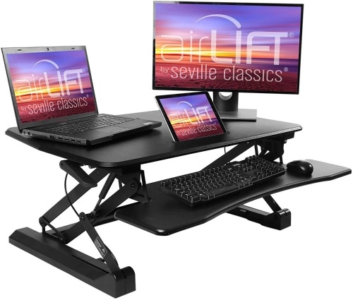 Seville Classics airLIFT Height Adjustable Stand Up Desk Converter/Riser, Keyboard Tray, Dual Monitors, Quick Lift L Table, Full (36"), Black - Appears New - Lot 79