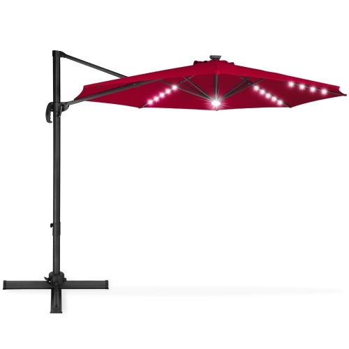 10ft 360-Degree LED Cantilever Offset Hanging Market Patio Umbrella w/ Easy Tilt - Burgundy. Appears New - Lot 125