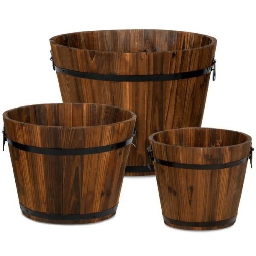 Set of 3 Rustic Wood Bucket Barrel Garden Planters Set w/ Drainage Holes. Appears New - Lot 214