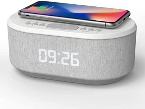 Bedside Radio Alarm Clock with USB Charger, Bluetooth Speaker, Wireless Charging, Dual Alarm & Dimmable LED Display - Appears New  - Lot 329