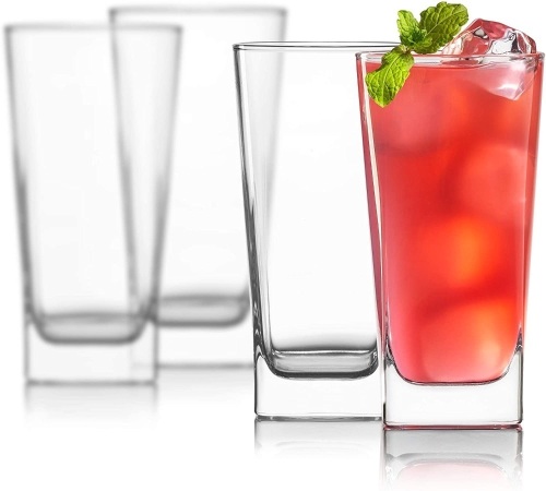 16oz Highball Glasses, Set of 4 with 4 Stainless Steel Straws, Round Top, Square Bottom - NEW - Lot 330
