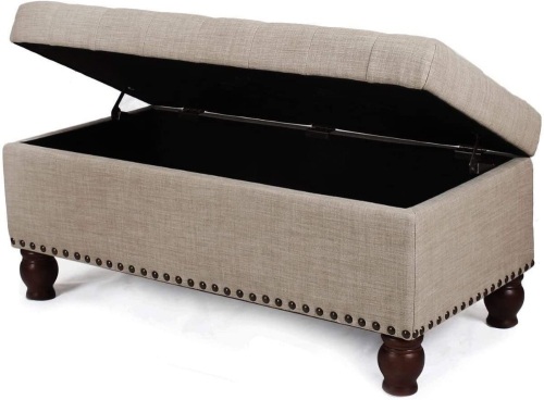 Tufted Lift Top Storage Ottoman, Solid Wood Legs and Nailhead Trim, Beige, 40" x 20" x 17.5" - Appears New  - Lot 386