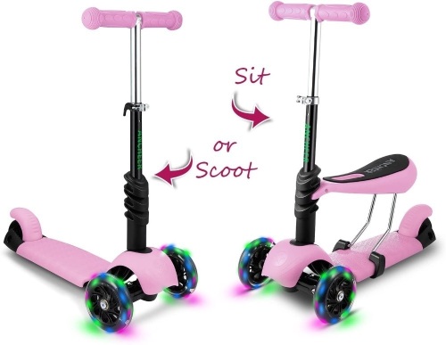 Kids 3-Wheeled Scooter with Adjustable and Removable Seat, LED Wheels - Appears New  - Lot 416