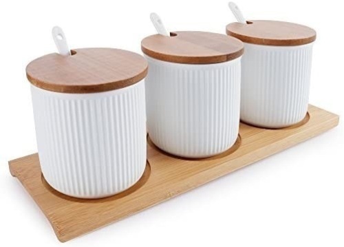Set of 3 Ceramic Sugar Bowls with Bamboo Lids and 4 Sugar Spoons, 8oz - NEW - Lot 430