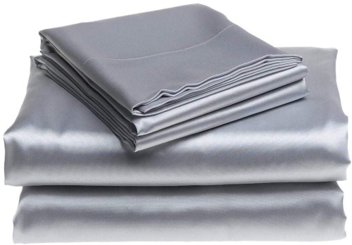 Bedify Bedding 100% Pure Silk Satin 4pc Sheet Set, 15" Deep Pocket Fitted, Flat Sheet, & Pillowcases, Silver/Grey, King Size - Appears New - Lot 431