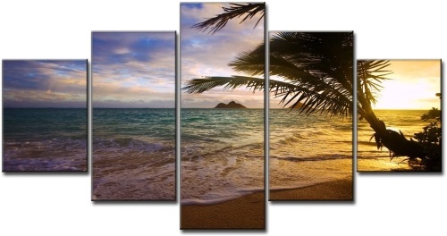 Lot of (3) Beach Ocean Paintings on Canvas, 5 Piece Wall Art, 60" x 32" - Appears New  - Lot 544