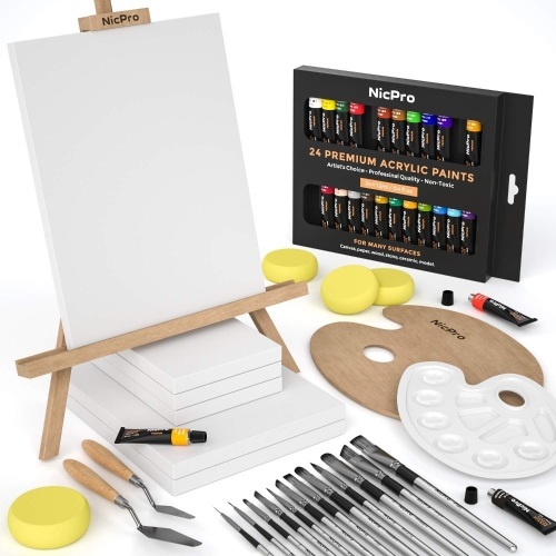 Nicpro 51pc Complete Acrylic Set, 24 Rich Pigment Colors with 12 Brushes, Includes Easel, Canvases, Paint Tray, Sponges, Mixing Knives - Appears New - Lot 654
