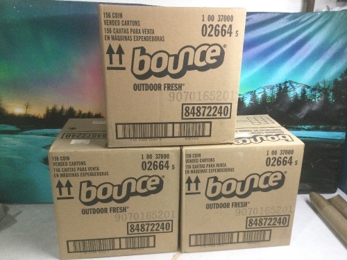 Lot of (3) Bounce Dryer Sheets, 156 Coin Vending Packs Per Case - New  - Lot 802