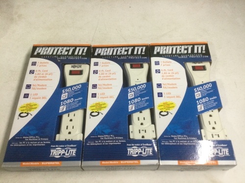 Lot of (3) Tripp Lite 7 Outlet Surge Protector Power Strips, 6ft Cord, Right-Angle Plug - New - Lot 567