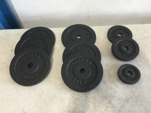 (6) 10-pound weights, (2) 5-pound weights, and (1) 2.5-pound weight - Lot 117