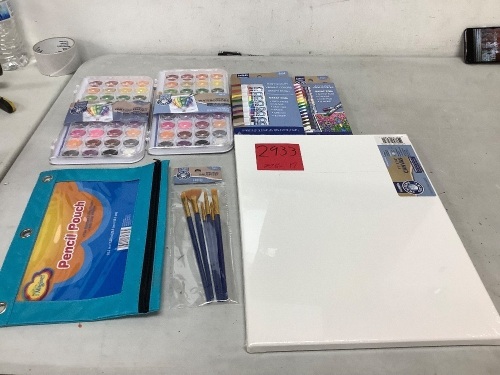 Art Bundle, Pencil Pouch, Water Colors, Oil Pastels, Paints, Brushes - Lot 2933