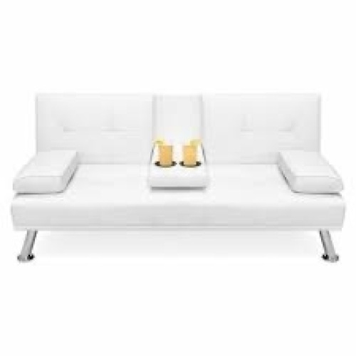 Faux Leather Upholstered Convertible Sofa Bed Futon w/ 2 Cupholders - Lot 2954
