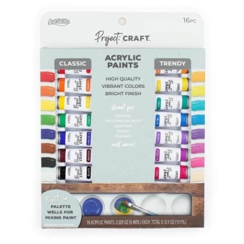 Project Craft Premium Acrylic Paint Set for Art and Crafting, 16 Colors - Lot 2962