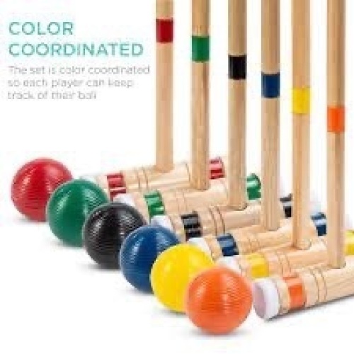 6-Player Wood Croquet Set w/ 6 Mallets, 6 Balls, Wickets, Stakes, Bag - 32in - Lot 3088