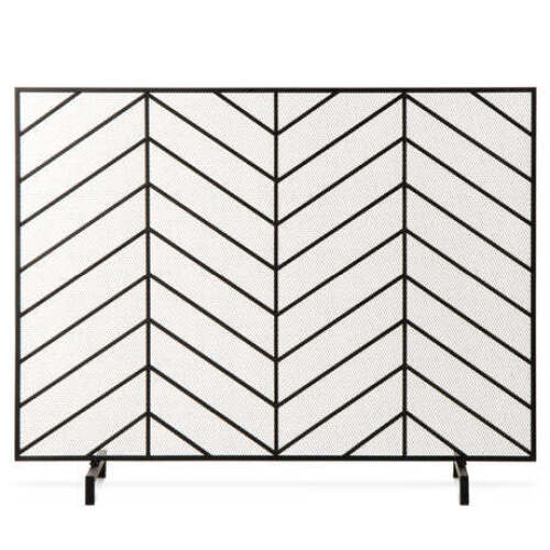 Single Panel Iron Chevron Fireplace Screen w/ Antique Finish - 38x31in - Lot 3133