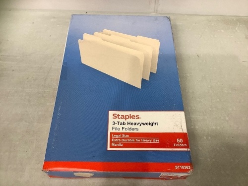 Staples 3 Tab Heavyweight File Folders, E-Comm Return - Lot 126