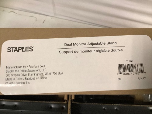 Staples, Dual Montior Adjustable Stand, New - Lot 464