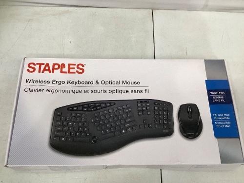 Staples, Wireless Ergo Keyboard, Optical Mouse, Untested, Appears New - Lot 268