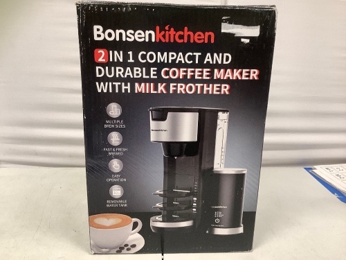 Bonsen Kitchen 2 in 1 Coffee Maker, Missing Carafe & Frother, Powers Up, E-Comm Return - Lot 408