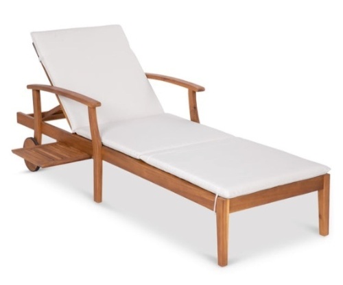 Adjustable Acacia Wood Chaise Lounge Chair w/ Side Table, Wheels - 79x26in, Cream - Lot 4