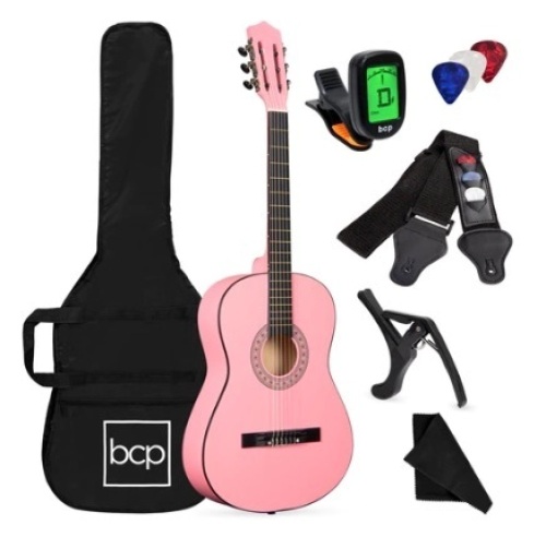 Beginner Acoustic Guitar Set w/ Case, Strap, Digital Tuner, Strings - 38in, Pink, Appears New - Lot 32