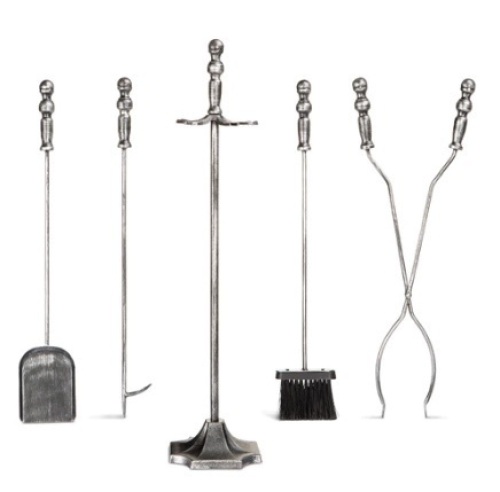 5-Piece Rustic Iron Indoor Outdoor Fireplace and Firepit Tool Set w/ Stand, Pewter, Appears New - Lot 40