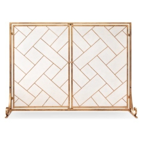 2-Panel Wrought Iron Geometric Fireplace Screen w/ Magnetic Doors - 44x33in, Gold, Appears New - Lot 45