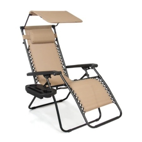 Folding Zero Gravity Recliner Patio Lounge Chair w/ Canopy, Side Tray, Beige, Appears New - Lot 73