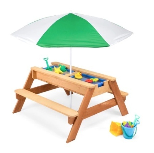 3-in-1 Kids Sand & Water Table Outdoor Wood Picnic Table w/ Umbrella, Green, Appears New - Lot 76