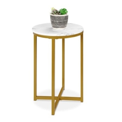 Round Coffee Side Table w/ Faux Marble Top, Metal Frame - 16in, White/Bronze Gold - Lot 83