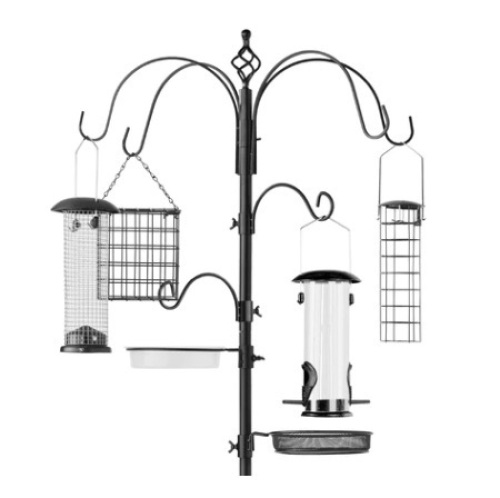 Bird Feeding Station, 6-Hook Steel Multi-Feeder Stand w/ 4 Feeders - 89in, Black - Lot 84