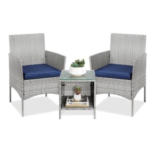 3-Piece Outdoor Patio Wicker Bistro Set w/ Side Storage Table, Gray/Navy  - Lot 87