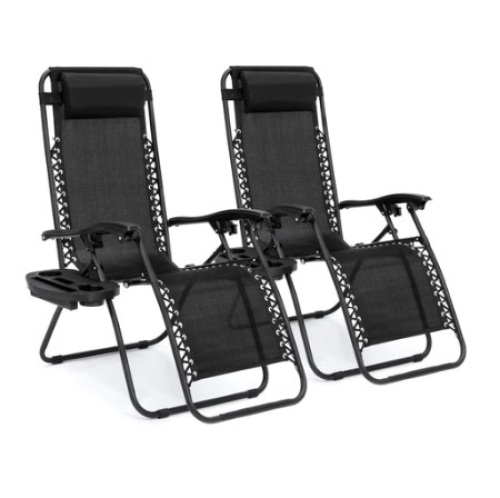Set of 2 Adjustable Zero Gravity Patio Chair Recliners w/ Cup Holders, Black - Lot 90