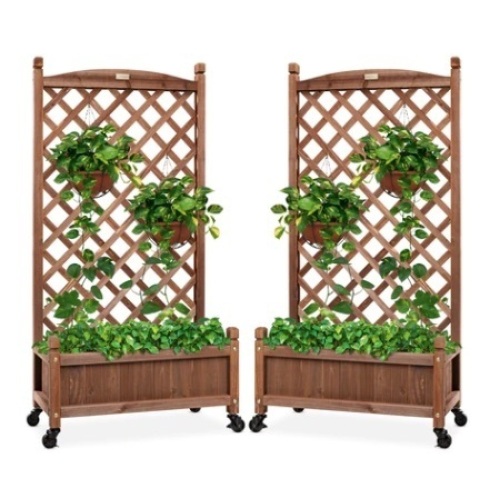 Set of 2 Wood Planter Box & Lattice Trellis w/ Optional Wheels - 48in - Lot 91