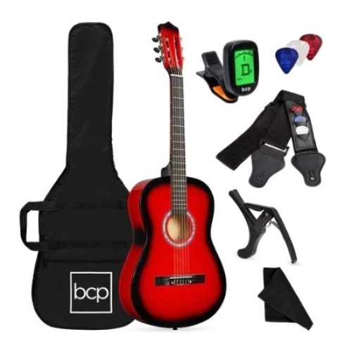 Beginner Acoustic Guitar Set w/ Case, Strap, Digital Tuner, Strings - 38in, Red Burst - Lot 94