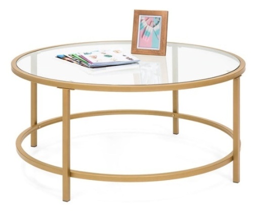 Round Tempered Glass Coffee Table w/ Steel Frame - 36in, Gold - Lot 109